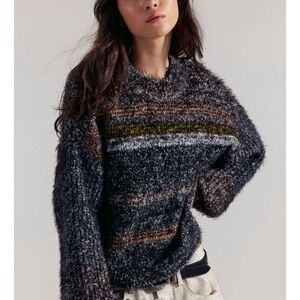 Free People Candy Lane Sweater Onyx Combo Striped Fuzzy